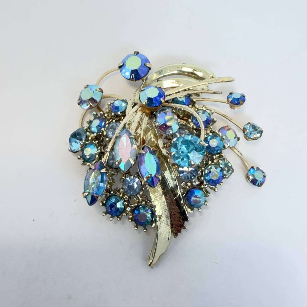 Vintage Blue Aurora Borealis Rhinestone Spray Brooch Gold Tone Mid Century Pin